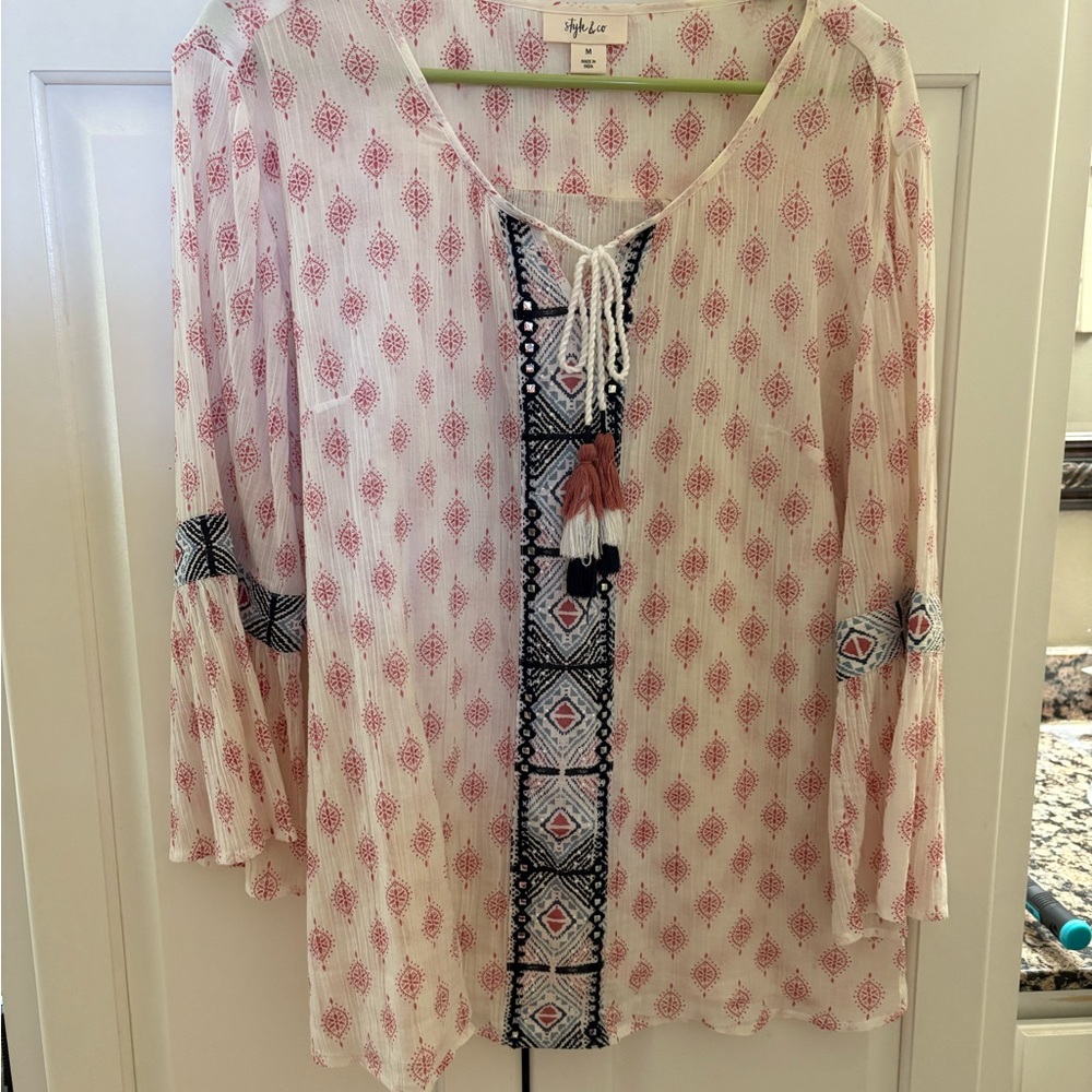 Style & Co. Red & Blue Tie Front Blouse with Relaxed Fit